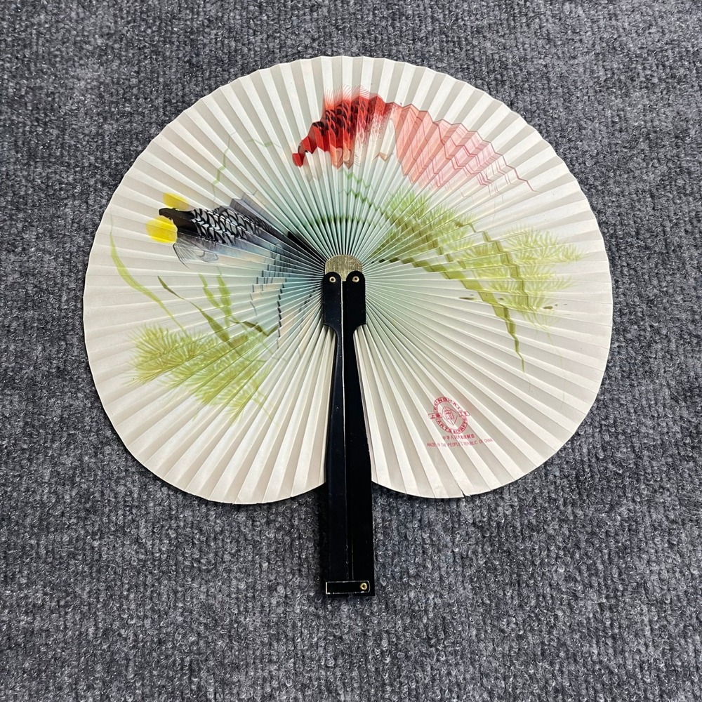 Vintage Shanghai Arts & Crafts Folding Hand Fan Koi Fish Goldfish Paper Fan